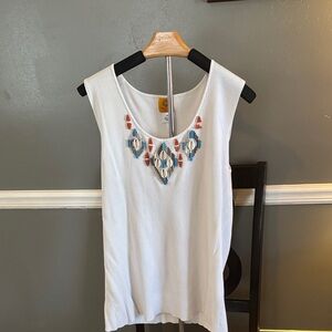Ruby Rd. White Tank Top with Colorful Embroidery